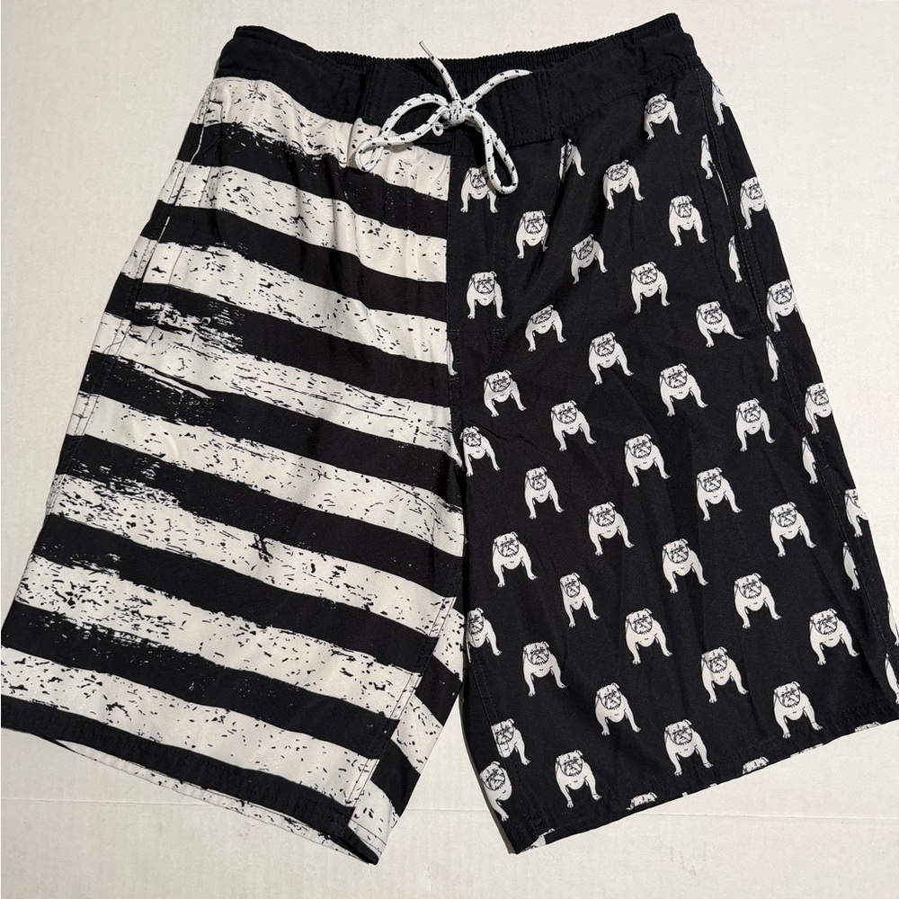 monument, black & white 'bulldogs' lined swim trunks shorts, men's small